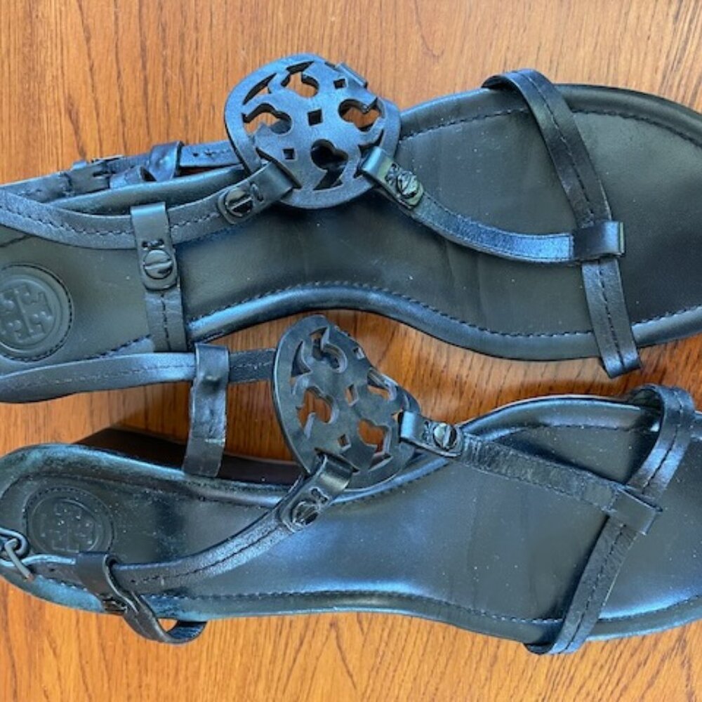 Tory Burch black leather wedge sandals, size 9